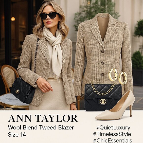Ann Taylor Wool Blend Tweed Blazer | Size 14 | Classic Tailored Career Jacket - Picture 1 of 11